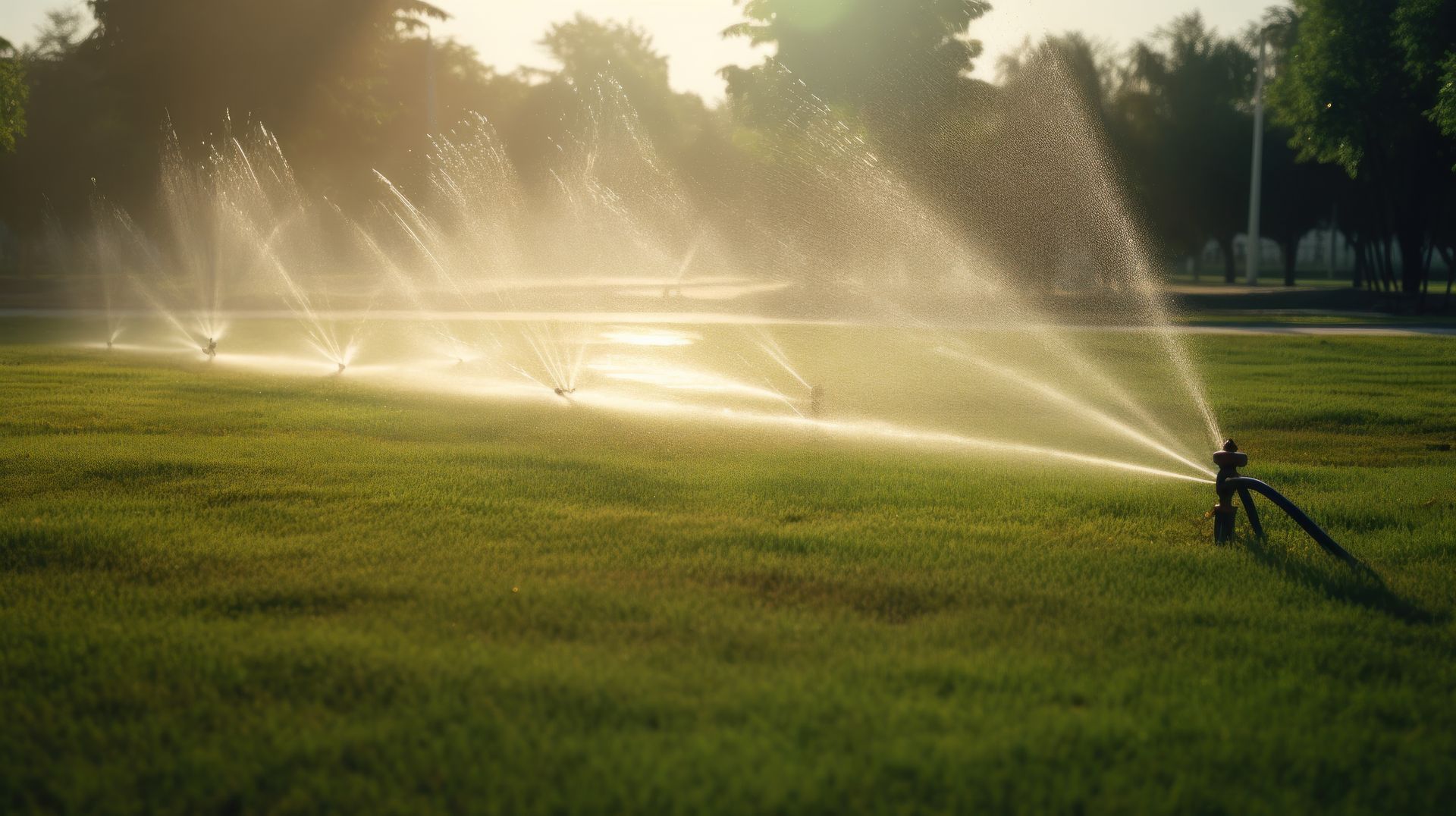 Sprinklers watering a green lawn, with sunlight creating a hazy glow.