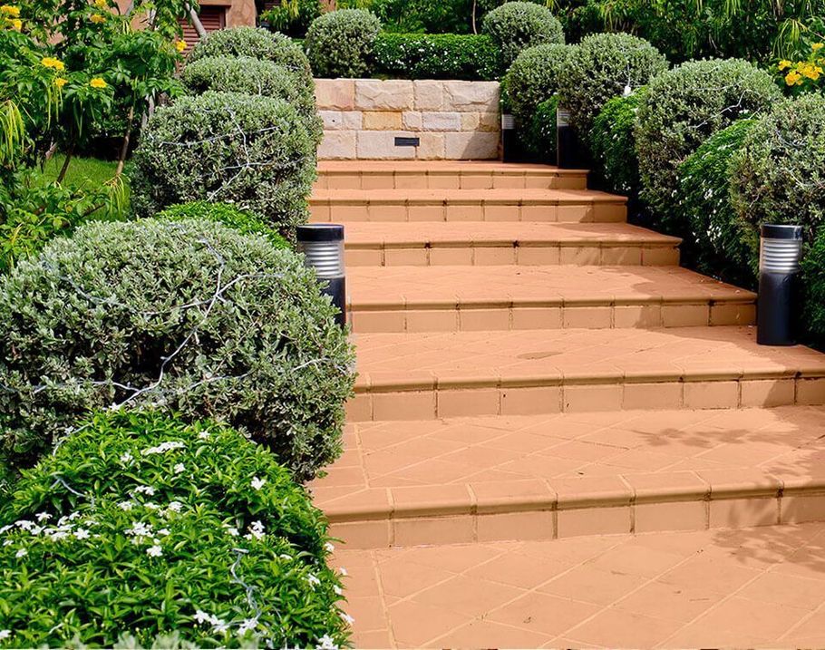 Stone steps lined with trimmed green bushes lead to a stone wall.