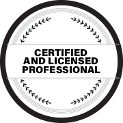 Black and white badge with 