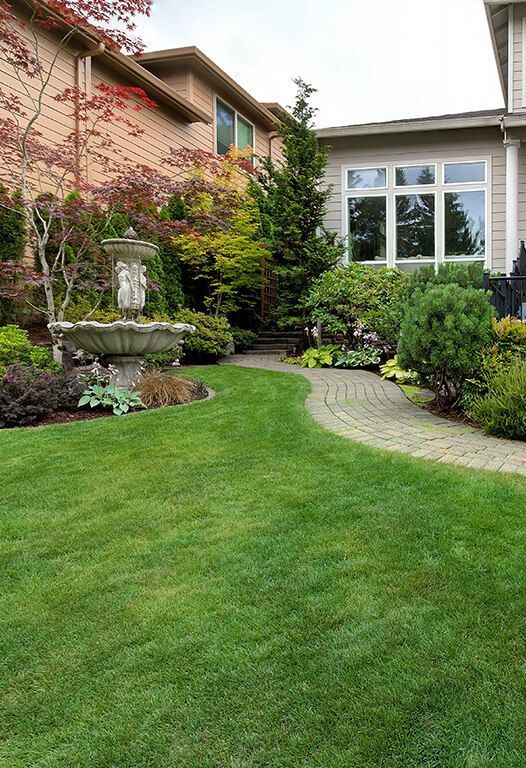 Lush green lawn curves to a stone pathway leading to a house with a fountain and various plants in a garden.