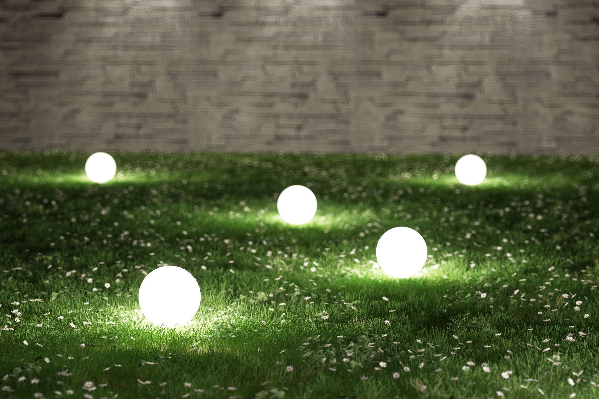 Five glowing orbs illuminate a grassy lawn, set against a brick wall.