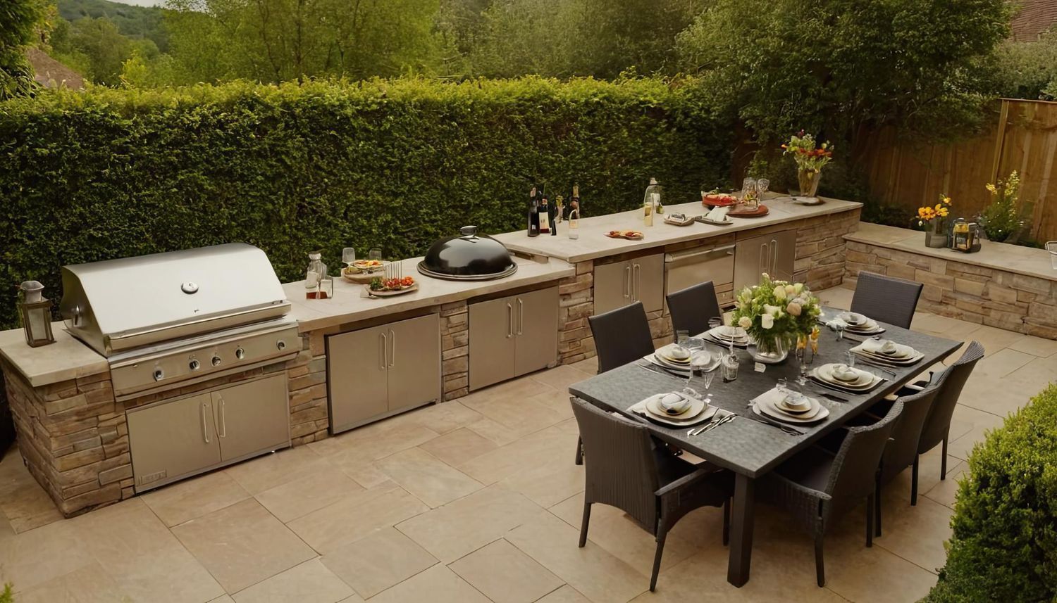 Outdoor kitchen with grill, counters, stainless steel appliances, dining table, and hedge.