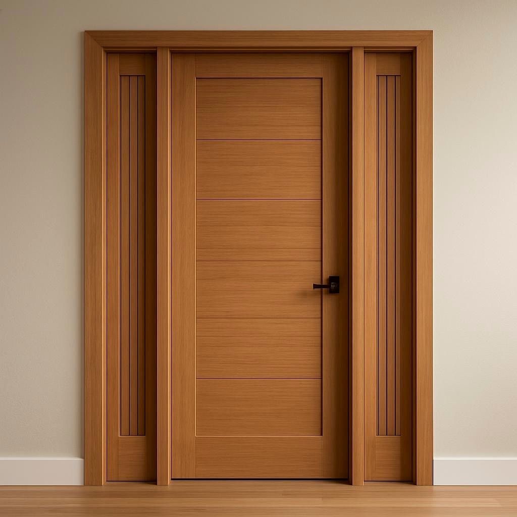 Wooden door with horizontal and vertical design set in a wood frame on a light-colored wall.