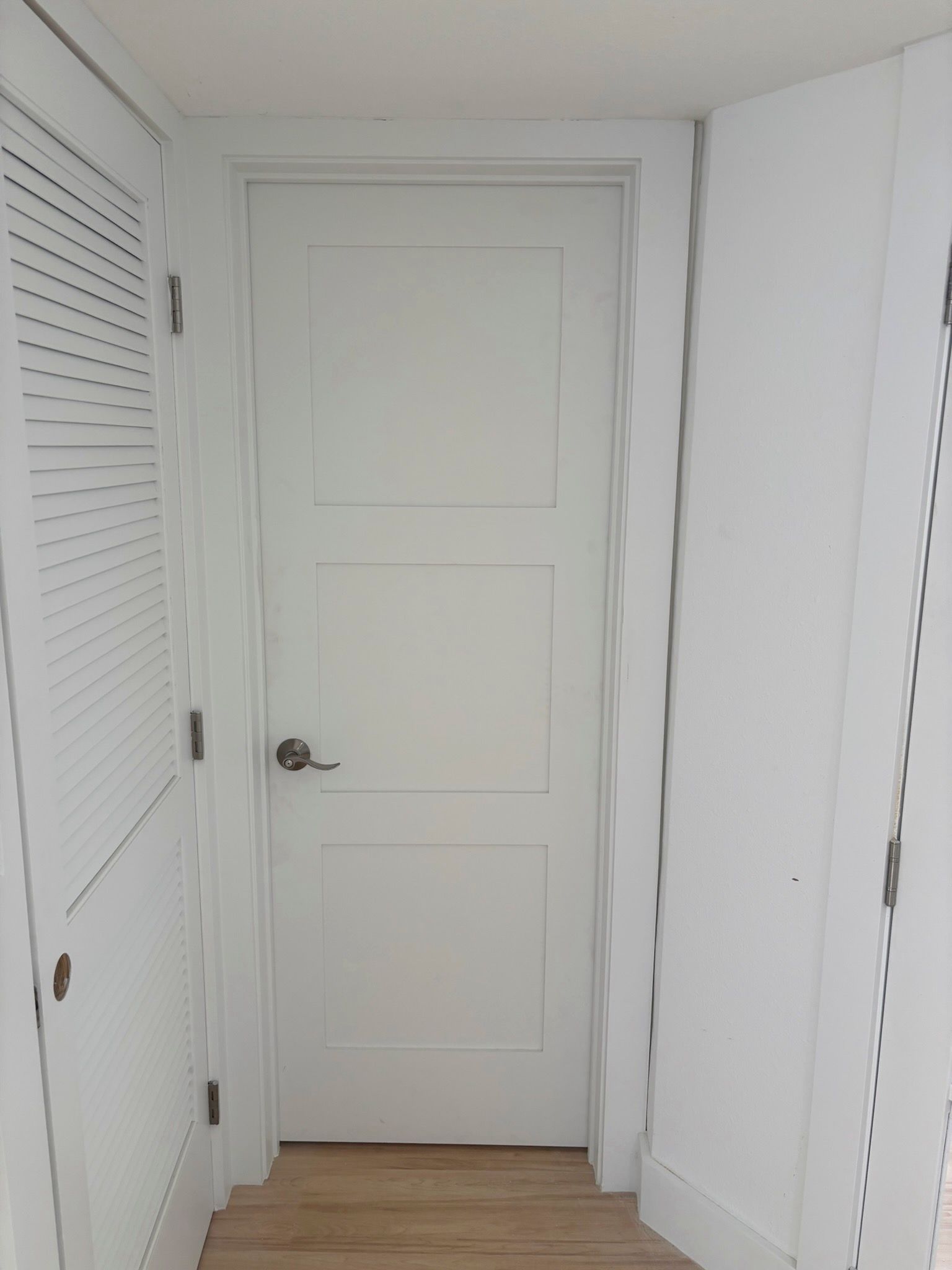 White door with three panels, framed by a white doorframe and closet with shutter doors.