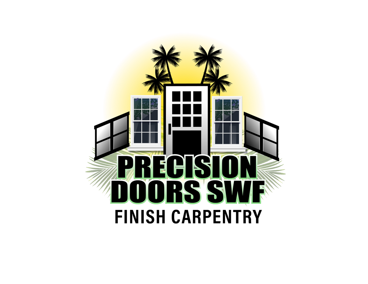 Logo for Precision Doors SWF: Door and windows graphic with palm trees and text 