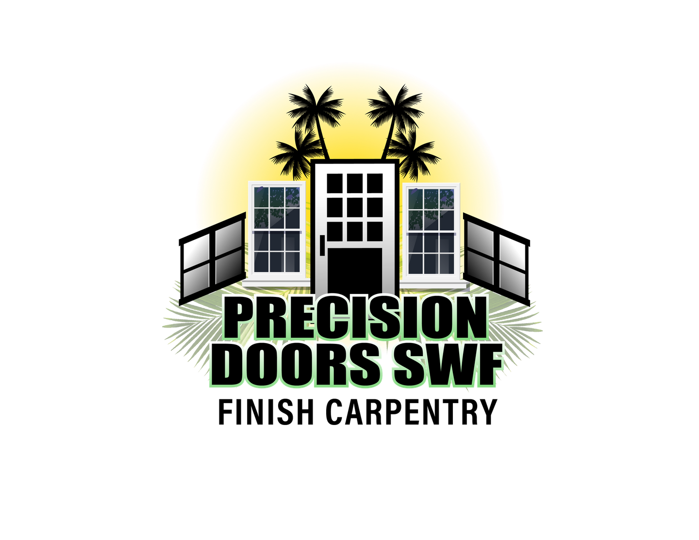 Logo for Precision Doors SWF: Door and windows graphic with palm trees and text 