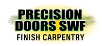 Logo for Precision Doors SWF Finish Carpentry, in black text over a yellow-green gradient, with a leafy border.