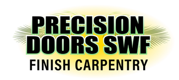 Logo for Precision Doors SWF Finish Carpentry, in black text over a yellow-green gradient, with a leafy border.