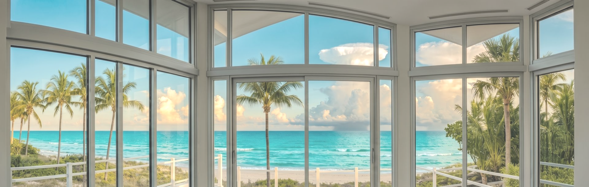 Ocean view through arched windows with palm trees and a sandy beach under a blue sky