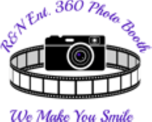 Logo: A black camera sits above a film strip ring. Text reads "R&N Ent. 360 Photo Booth" and "We Make You Smile" in purple.