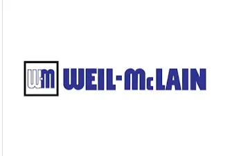 Logo for Weil-McLain: a dark blue wordmark and emblem with a black border on a white background.