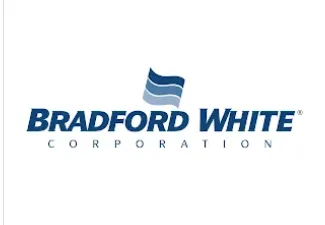 Bradford White Corporation logo: blue text and a waving flag icon on a white background.