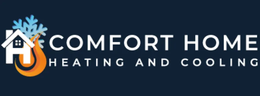 Logo for Comfort Home Heating and Cooling, with a house icon, flame, and snowflake.
