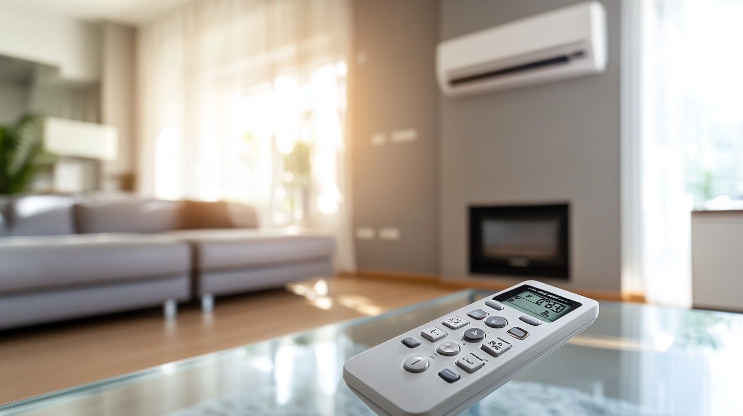 A remote control is sitting on a glass table in a living room.