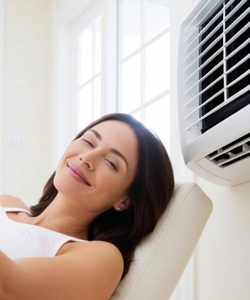 A woman is smiling while laying in front of an air conditioner