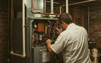 A man is working on a heating system in a basement.