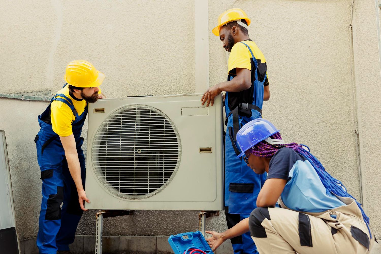 A group of construction workers are working on an air conditioner.