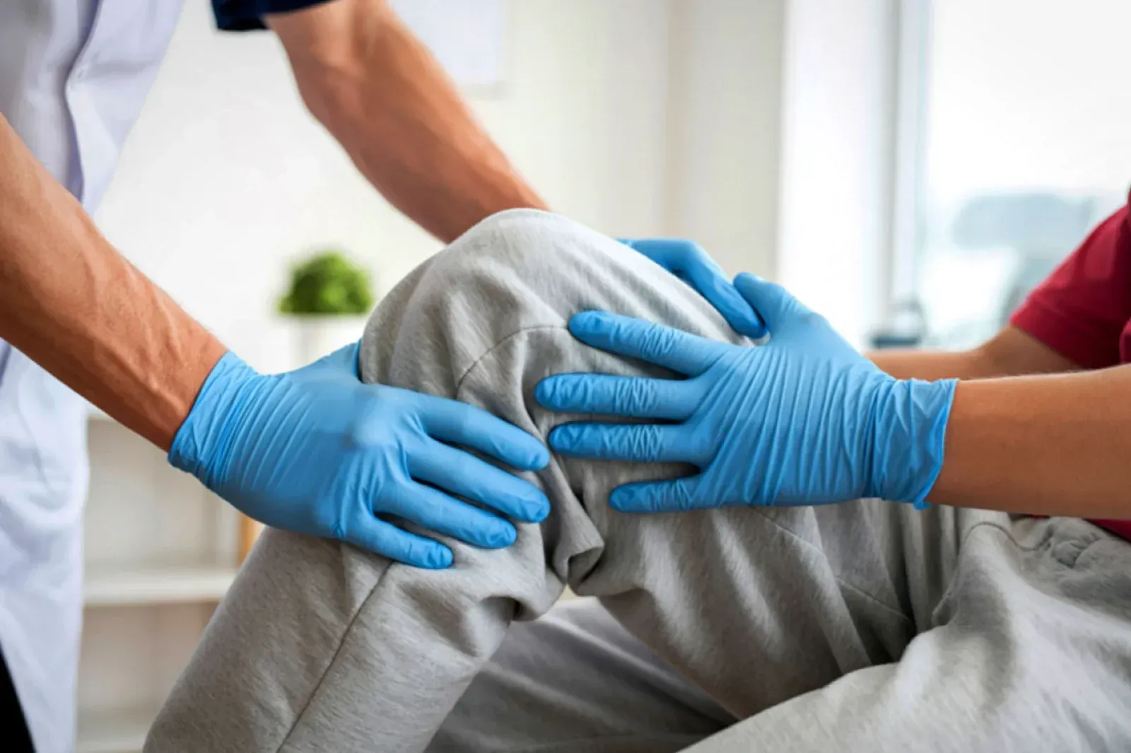 Doctor examining a patient's back. Hands on the patient's back. The patient is wearing a blue shirt.