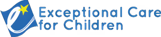 Logo of Exceptional Care for Children: blue and white flag shape with yellow star and white "e" symbol.