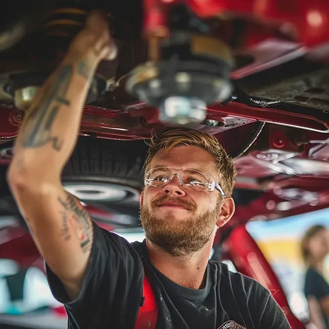 Mechanic with tattoos wearing safety glasses working on the underside of a red car, smiling.