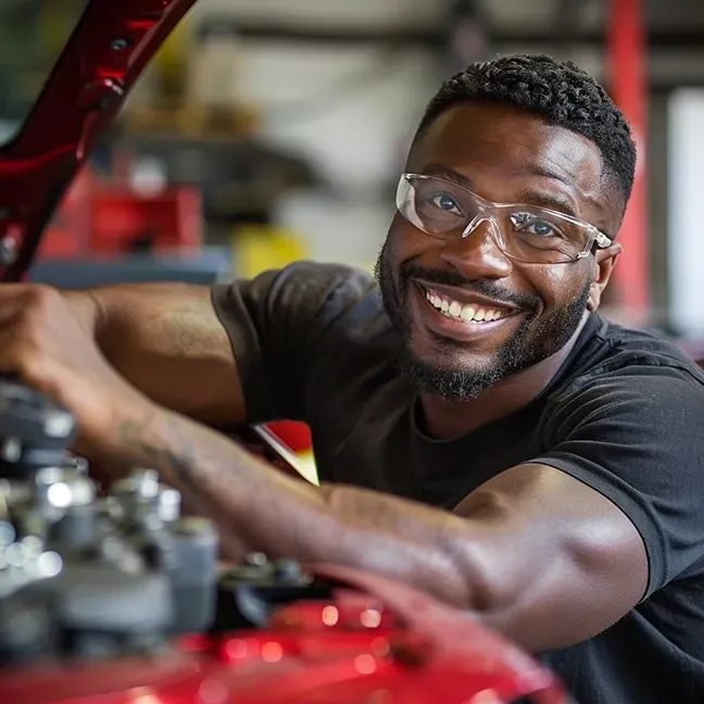 Mechanic smiling while working on a red car engine; wearing safety glasses and black shirt, in a garage.