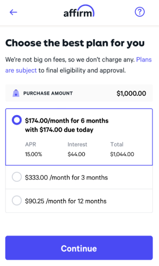 Affirm loan options for $1,000 purchase.  Displays payment plans: 6, 3, and 12 months, APR 15%, and a 