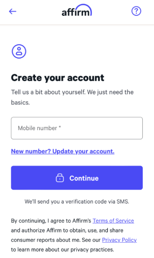 Affirm account creation screen: Enter mobile number and tap Continue.