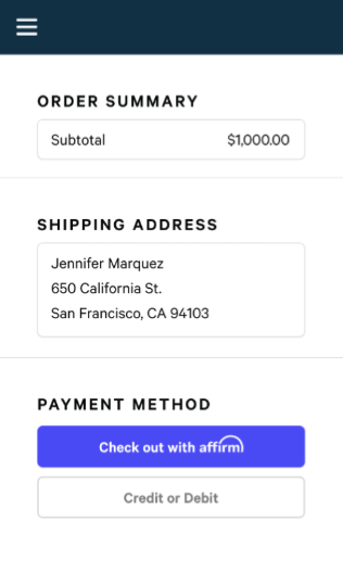 Order summary with $1,000 subtotal, shipping address, and payment options: Affirm or Credit/Debit.