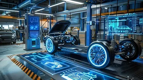 Electric car chassis illuminated in blue on a diagnostic platform inside a futuristic repair shop.