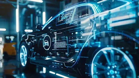 Futuristic car with transparent display showing internal systems in an automotive factory.