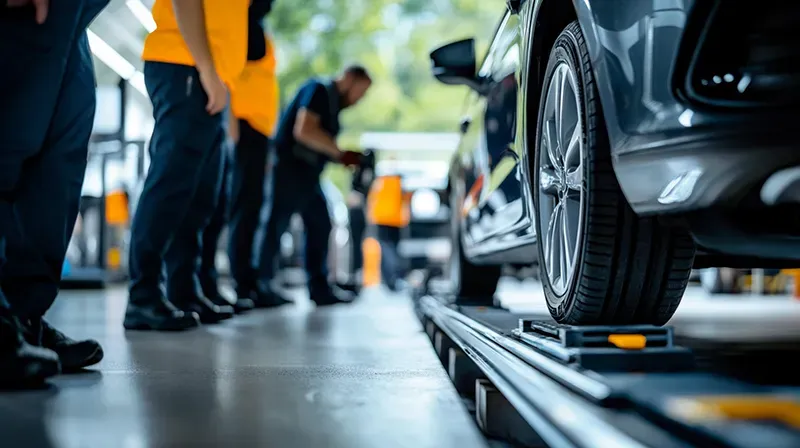 A group of men are working on a car in a garage | Paul Campanella's Auto Centers
