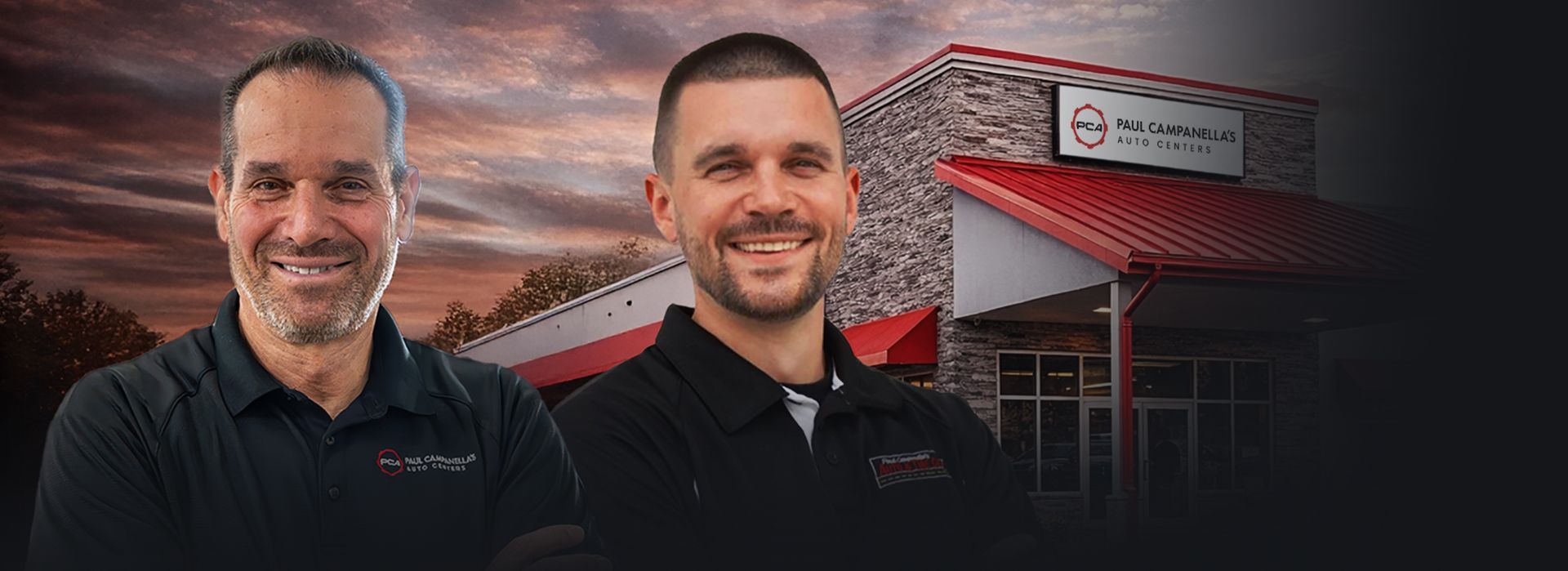 Man and woman, outside a business, holding coffee cups, smiling.