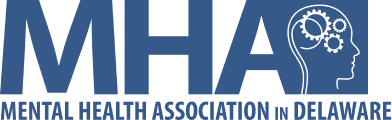 MHA Delaware logo: blue text with "MHA" and a head outline with gears; "Mental Health Association in Delaware".