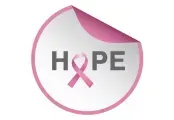 Pink ribbon within a circle with "HOPE" in gray text, corner peeled back.