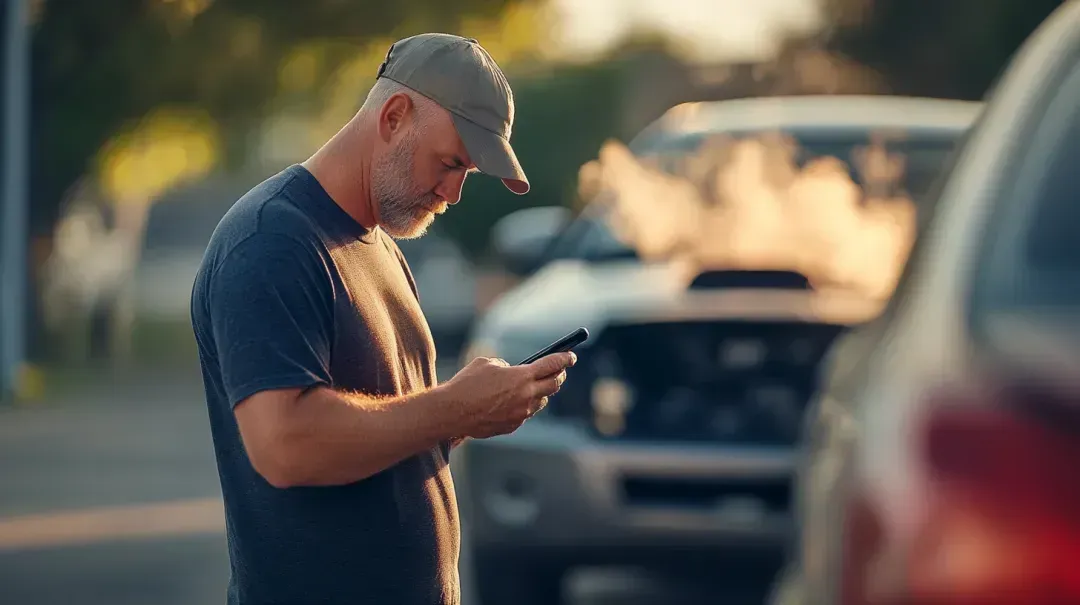 A man is standing in front of a row of cars looking at his cell phone. | Paul Campanella's Auto Centers