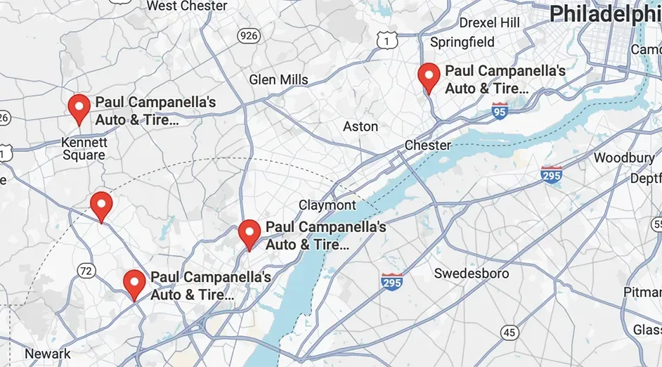 A map of philadelphia showing the location of paul campanella 's auto & tire. | Paul Campanella's Auto Centers