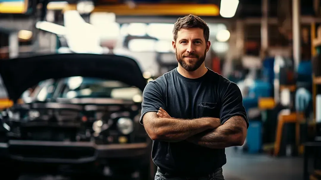A man is standing in a garage with his arms crossed in front of a car | Paul Campanella's Auto Centers