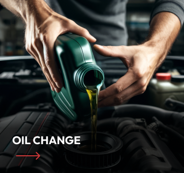 Man pouring oil from a green bottle into a car engine for an oil change.