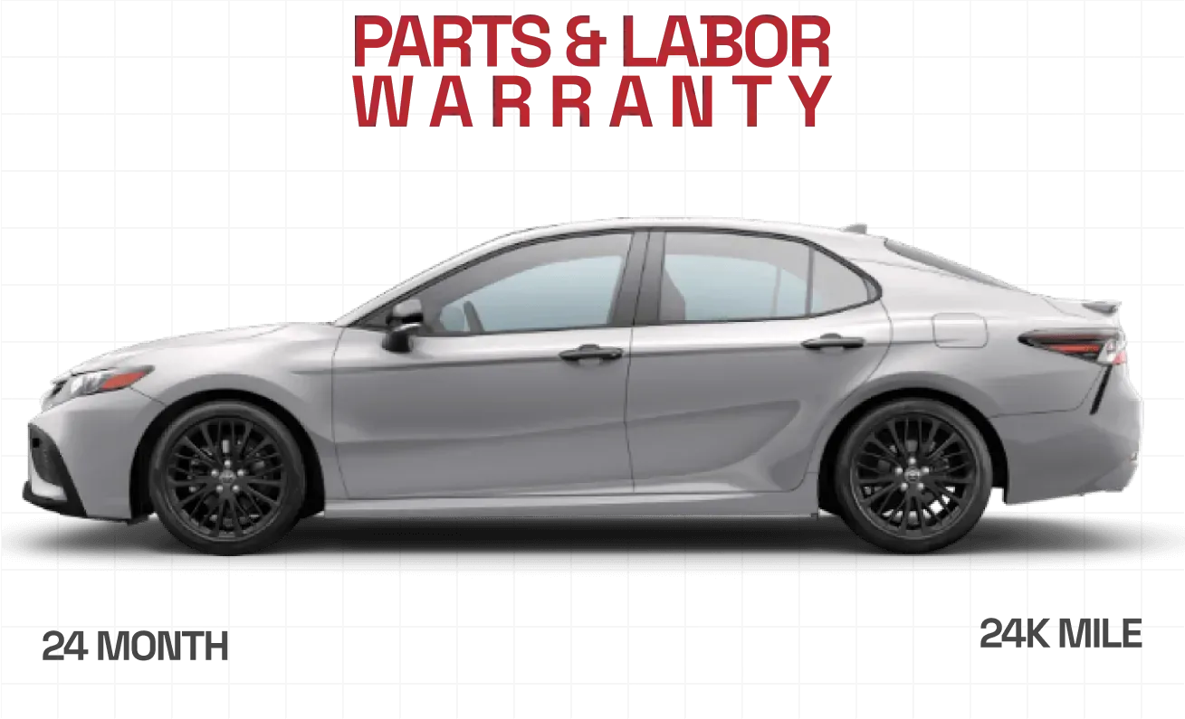 Silver car with Parts & Labor Warranty text | Paul Campanella's Auto Centers