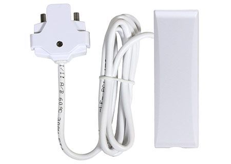 A white cord with a plug attached to it on a white background.