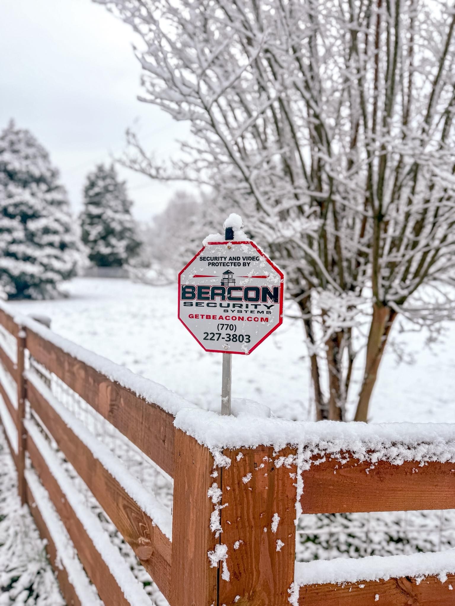 Snow-covered wooden fence with a security sign, trees, and snowy ground in the background.