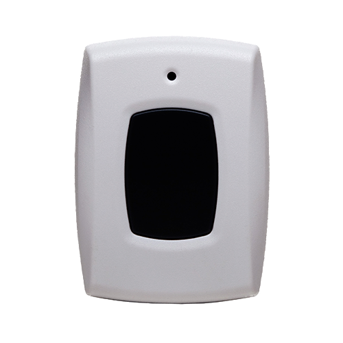 A white remote control with a black button on a white background.