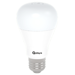 A white light bulb is sitting on a white surface.