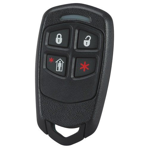 A black remote control with four buttons and a red star