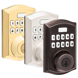 Three different colored door locks with numbers on them
