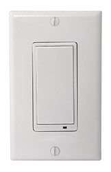 A white light switch on a white wall.