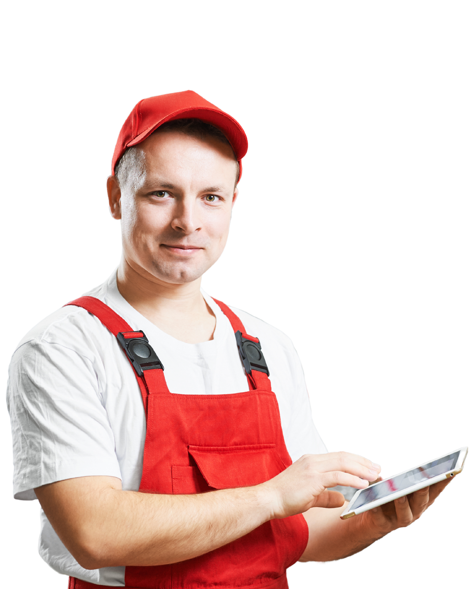 A man in red overalls and a red hat is using a tablet computer.