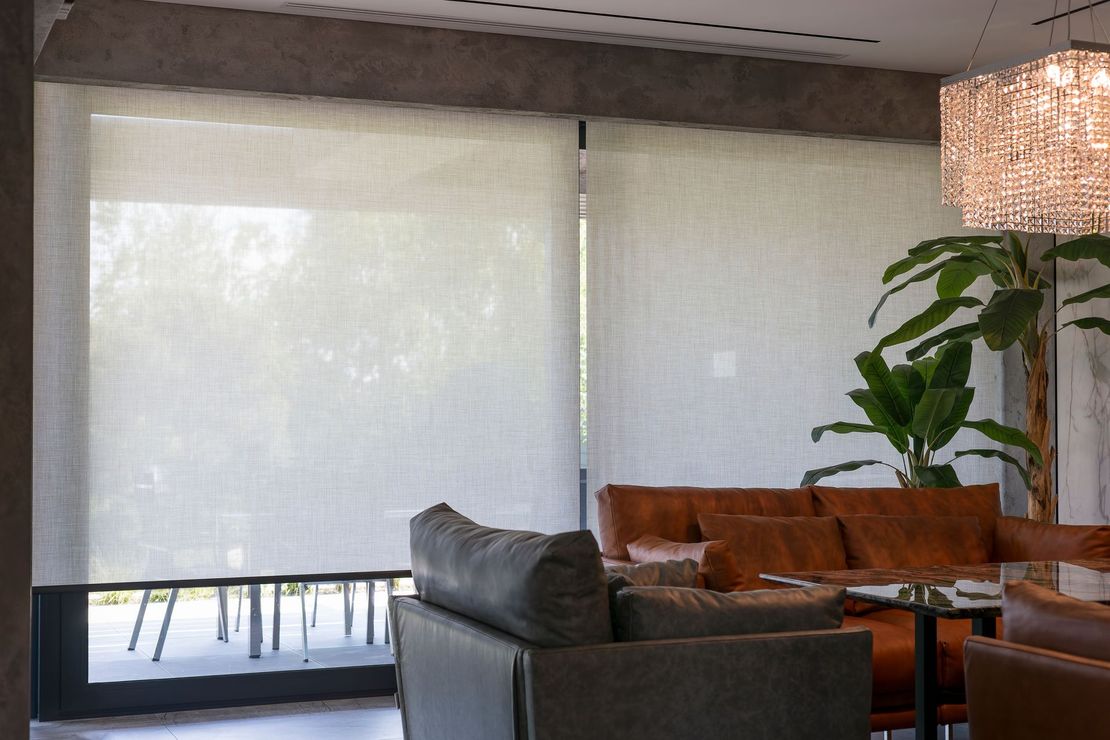 Modern living room with sofa, large window shades, potted plant, and woven pendant light