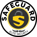 A safeguard elite security logo with a padlock in the center