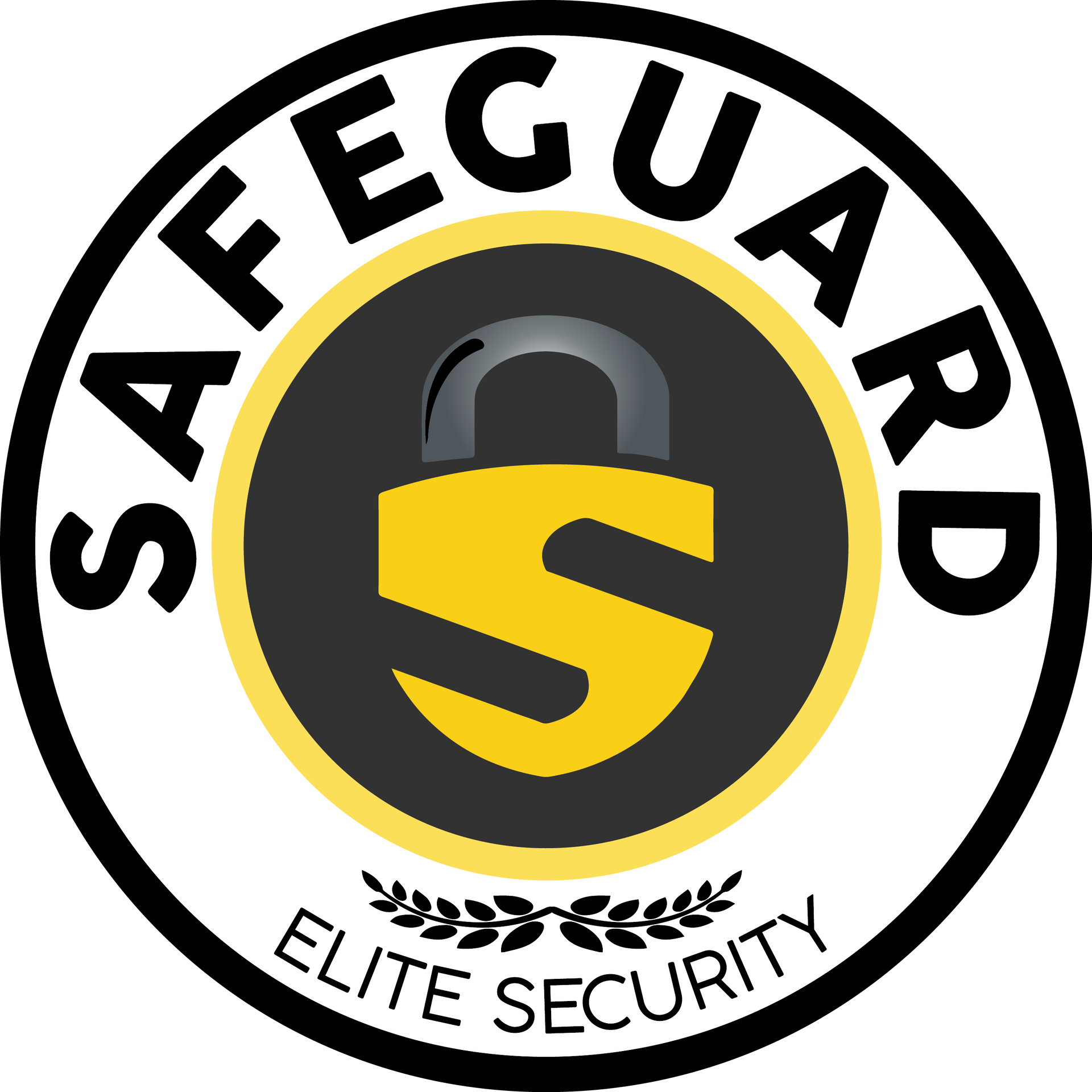 A safeguard elite security logo with a padlock in the center